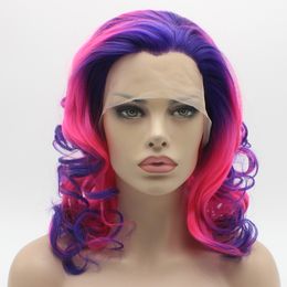 Iwona Hair Wavy Shoulder Length Purple Root Rose Red Ombre Wig 19#3700L/2315 Half Hand Tied Heat Resistant Synthetic Lace Front Wig