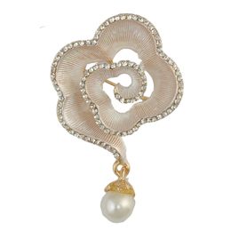 Three Colours Fashion Gold Plated Plant Enamel Pink White Blue Flower Shape Rhinestone Pearl Collar Pin Brooch