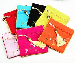 Tassel Embroidered Small Coin Purse Cotton Linen Zipper Jewellery Gift Bag Square Cloth Storage Pouch Wedding Party Favour Bags 50pcs/lot