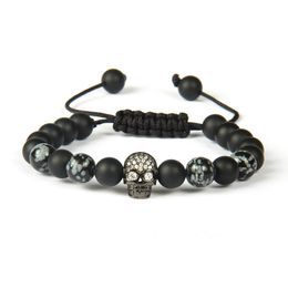 Wholesale 10pcs/lot 8mm Best Quality Matte Agate And Obsidian Stone With Clear Cz Black Skull Macrame Bracelet For Men