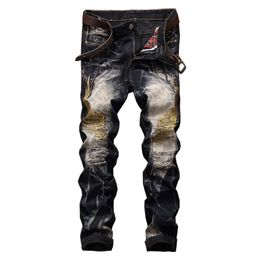 2942 big size holes jeans men ripped jean pants adult Personalised embroidery wings trousers male vintage blue denim jeans