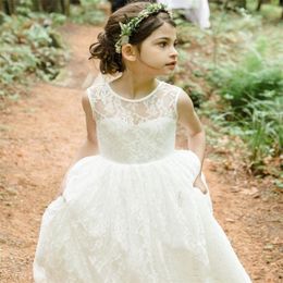 2017 Cheap New Flower Girls Dresses For Weddings Jewel Neck Sleeveless Full Lace Ankle Length Open Back Birthday Pageant Communion Dress