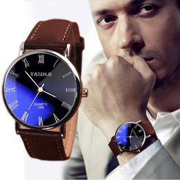 YAZOLE 268 Brown Luxury Men Watch Fashion Faux Leather Mens Roman Numerals Quartz Analogue Watch Casual Male Business Watches