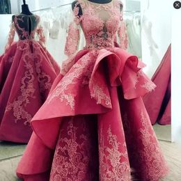 Sheer Neck Lace Appliques Prom Dresses With Illusion Long Sleeves Satin Peplum Zipper Back Evening Gowns High Low Arabic Formal Party Dress