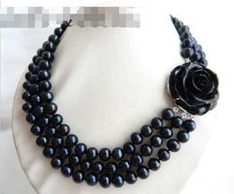 3Strands 18'' 10mm Black Round Freshwater Pearl Necklace