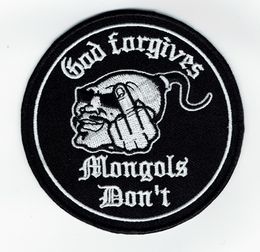 New God Forgives Mongols Don't Motorcycle Club Biker Embroidered Patch Iron On Clothing Front Jacket Vest Rider Patch 3.5" Free Shipping