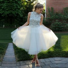 Luxurious Short Wedding Dresses Bling Top Rhinestone Tea Length Wedding Dress Tulle Country Wedding Dresses 2016 Robe De Mariée Bridal Gown