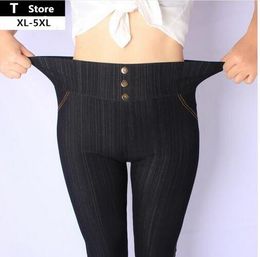 Wholesale- 2017 Women XL,3XL,5XL High Waist Jeans Leggins with Buttons Jeggings Plus Size Legging Solid Colour Leggings Hot Sales