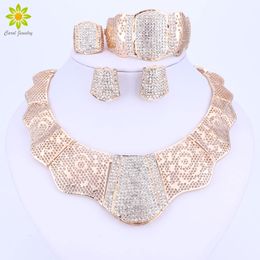 African Nigerian Wedding Jewelry Set Gold Color Crystal Necklace Earrings Bracelet Rings Sets Costume Accessories