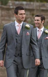 New Design Two Buttons Grey Groom Tuxedos Groomsmen Best Man Suits Mens Wedding Blazer Suits (Jacket+Pants+Vest+Tie) NO:560