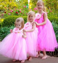 Lovely Pink Flower Girls Dresses Spaghetti With Handmade Flowers Tiered Ruffle Birthday Party Gowns Back Zipper Custom Made Kids Party Gowns