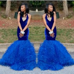 2k17 Black Girl Velvet Prom Dress V-Neck Sleeveless Mermaid Graduation Party Gowns With Tiered Organza Train Stylish Royal Blue Evening Gown