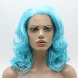 Iwona Hair Wavy Shoulder Length Blue Wig 19#2513 Half Hand Tied Heat Resistant Synthetic Lace Front Wig