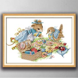 Birthday party mouse and bird Cartoon paintings , Handmade Cross Stitch Embroidery Needlework sets counted print on canvas DMC 14CT /11CT