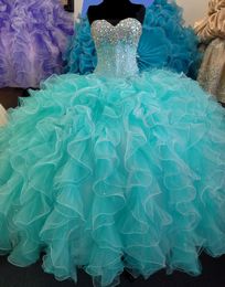 New Amazing Quinceanera Dress Corset Back Crystals Beaded Sweet 16 Dresses Ruffled Organza Two Colors Turquoise Debutante Gowns