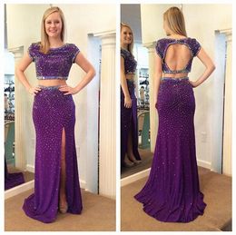 2 Piece Purple Prom Dresses Mermaid Beaded Short Sleeves Chiffon High Slit Long Formal Dress Scoop Neck Two Pieces Evening Gowns