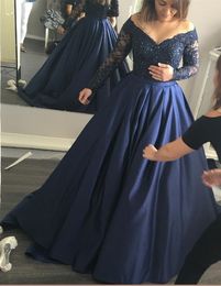 Long Sleeve Dark Navy Prom Dress Long Charming Off The Shoulder Lace Applique Beaded Satin Evening Gowns Formal Women