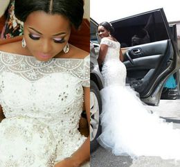 2018 hot africano nigeria sereia vestidos de noiva fora do ombro de cristal frisado hierárquico ruffles tribunal trem personalizado plus size formal vestidos de noiva