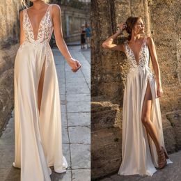 Sexy Split Berta Wedding Dresses Plunging Neckline Appliques Bridal Gown Floor Length A Line Wedding Dress Custom Made