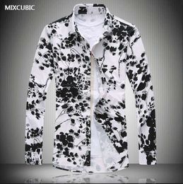 Wholesale- MIXCUBIC 2017 Autumn Mercerized flowers printed shirts men loose Floral printing Glossy long-sleeved shirts men,large size M-7XL