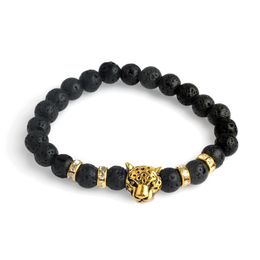 2017 New Male Bracelet Natural Stone Alloy Silver Gold Leopard 8 Mm Beads with Volcanic Rock Men Jewelry Lava Yoga Bracelets Gift