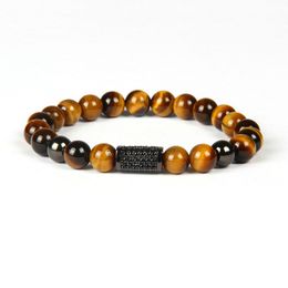 Powerful Jewellery Wholesale 8mm A Grade Tiger Eye Stone with Exquisite Micro Paved Black Cz Rectangle Tube Beaded Bracelet