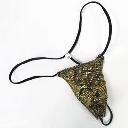 Mens Micro String Thongs Bulge Pouch T-back Underwear G5053 Shiny Sexy Underwear Metallic Foiled Jersey Fabric