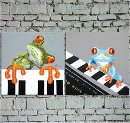 Handmade Cartoon Oil Painting on Canvas Two-Picture Combined Lovers Frogs Playing Piano Draw Wall Art for Baby Room Best Gifts