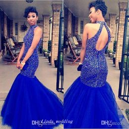 Royal Blue Long Evening Dress Sexy Mermaid High Neck Beaded Backless South African Party Gown Custom Made Plus Size Vestios De Fiesta