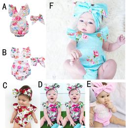 6 Styles Infants Baby Girl Floral Rompers Bodysuit With Headbands Ruffles Sleeve 2pcs Set Buttons 2017 Summer INS Romper Suits Free DHL