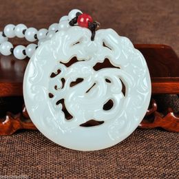 Chinese 100% Natural Nephrite White Jade Hollow Dragon pendant necklace