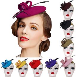 Pure Colour Ladies Curly Feather Felt Wool Fascinator Alligator Rope Pillbox Tilt Cocktail Party Formal Hat A145