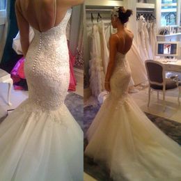 Free Shipping Sexy Mermaid Wedding Dresses Spaghetti Straps Court Train Backless Button Back Lace Wedding Bridal Gowns