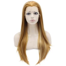 24" Long Blonde Hightlight Silky Straight Half Hand Tied Heat Resistant Synthetic Fibre Lace Front Fashion Wig S02