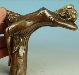 Livraison gratuite Chinois Vieux Bronze Main Sculpté belle Recueillir Statue Bâton de Marche Tête