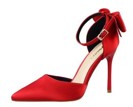 Sell well silk Bowtie women's Stiletto shoes pointed toe high-heeled shoes red Party wedding shoes Big size 35~42