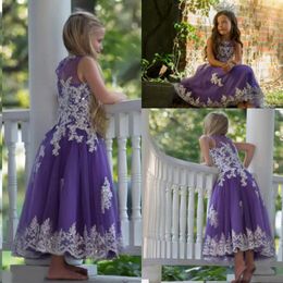 Lovely Purple Long Girls Pageant Gowns White Lace Appliques Princess Flower Girl Dresses For Wedding Children Formal Party Gowns