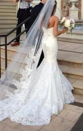 Princess Wedding Veil Long Lace Bridal Veils One Layer Custom Made Lace Applique Edge Bride2572