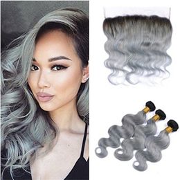 Grey Hair Bundles with Ear to Ear Lace Frontal Malaysian Virgin Human Hair 13*4 Lace Frontal Body Wave Ombre Grey Virgin Hair Weave