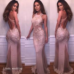 New Arrival Tight Light Skin Pink Prom Dress Sexy Halter Applique Long Open Back Formal Evening Party Gown Women Plus Size
