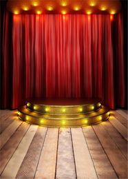 Red Curtain Stage Photography Background Wood Flooring Gold Stairs with Light Children Kids Studio Photo Booth Backdrop Wedding