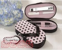 Free shipping wedding gift and giveaways--Pink Polka Flip Flop" Five Piece Pedicure Set with Matching "Thank You" Tag