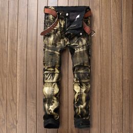 Wholesale- Brand fashion new Men's Gold silver coated fabric denim biker jeans Slim Skinny motorcycle pants Pleated long trousers for men