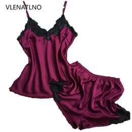Wholesale- silk satin lace ladies nightwear two-pieces Pyjamas sets with short pants high quality women's indoor suits soft sleepwear sexy