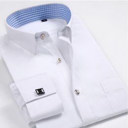 Wholesale- Luxury French cuff Button MENS Dress Shirt 2016 New Fashion Non Iron Long Sleeve slim striped High Quality Business formal Shirt