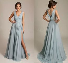 2017 Dusty Blue Evening Dresses V Neck Sleeveless Appliques Chiffon Draped Back High Split Sexy Formal Evening Gowns Sweep Train