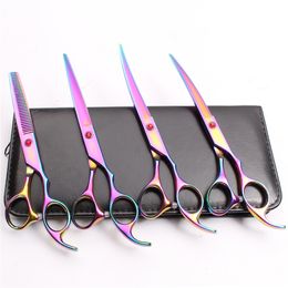 4Pcs Suit 7 Inch 440C Customized Logo Professional Hair Hairdressing Scissors Cutting Shears +Thinning Scissors +UP&Down Curved Shears C3003