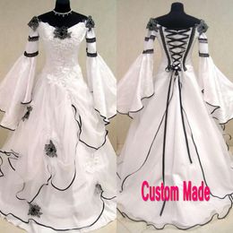 Vintage Black and White Gothic Wedding Dress Scoop Off the Shoulder Celtic Bridal Gowns Zipper up Corset Handmade Flowers Sweep Train