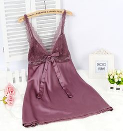 Sleepwear Wholesale ladies sexy silk satin nightgown sleeveless nightdress plus size sleepwear lace nighties Vneck sleepwear nightwear for