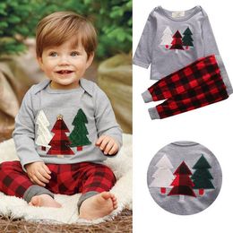 New Spring Autumn Kids Set Christmas Tree Cotton Tops T-shirt + Plaid Pants 2pcs Boys Clothing Suit Children Outfits Sets 12656